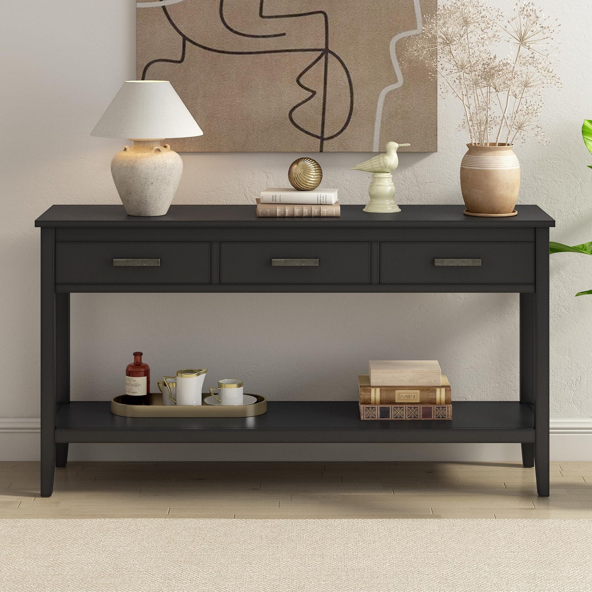 Merax Entryway Console Table with Storage, 3 Drawers Design/Wood Frame/Behind Couch & Sofa, Black - WoodArtSupply