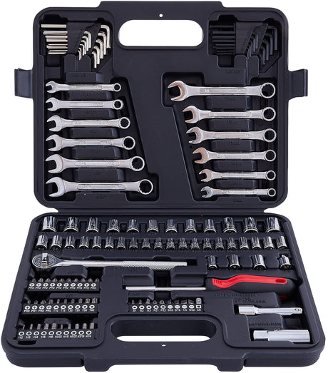 121 Piece Mechanic Tool Socket Wrench Set 3/8 and 1/4 inch Drive Metric and Standard, with Tool Box Case for Home, Men, Car, Automotive, Hand Tool Kit and as A Gift MECHMAX