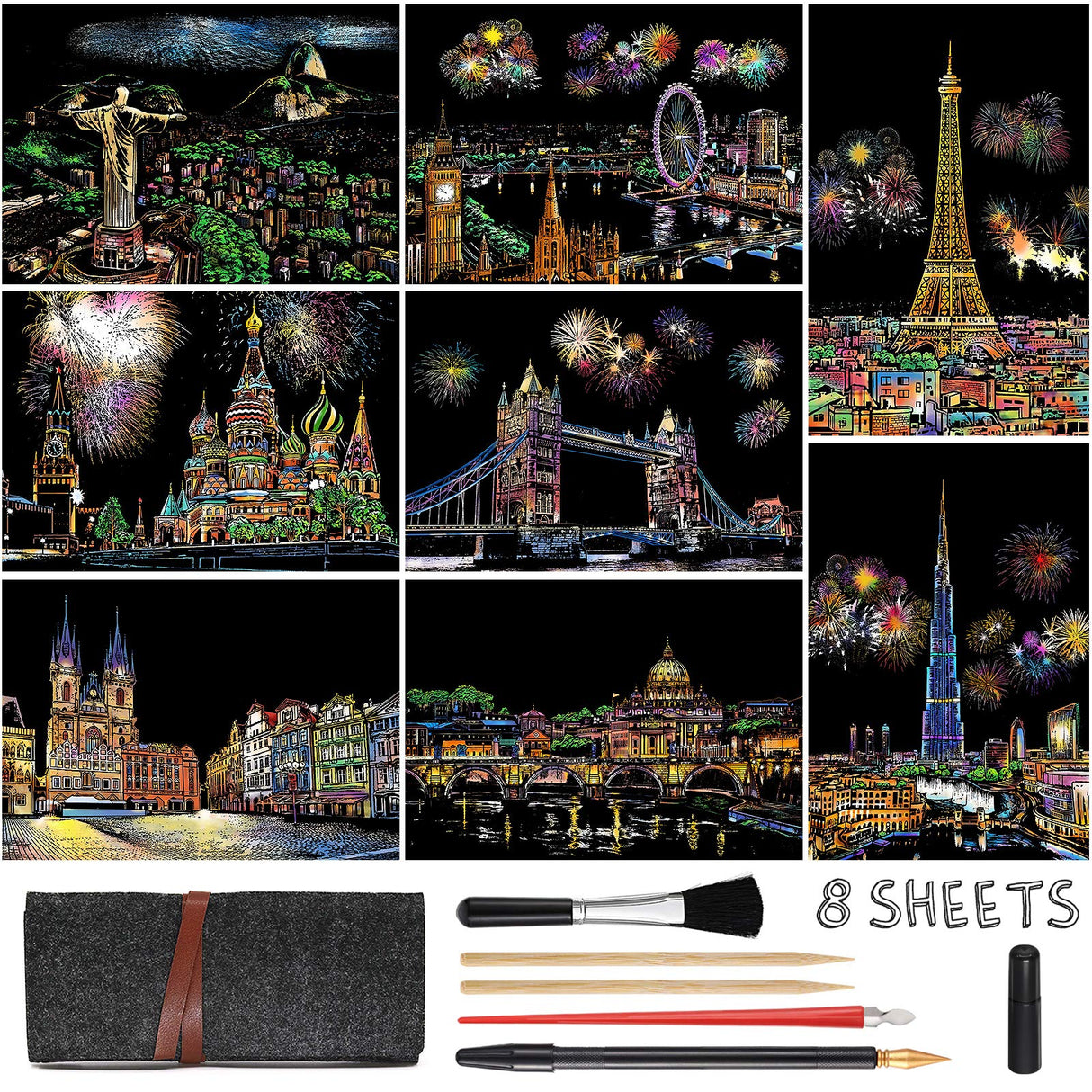 Scratch Art Painting Kits for Adults & Kids, Rainbow Painting Sketch Night View Scratchboard(A4), Crafts Set: 8 Sheets Scratch Cards with 6 tools in Bag - Creative Craft Art Set (Landmark Building) ASDICOXB