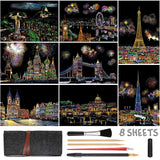 Scratch Art Painting Kits for Adults & Kids, Rainbow Painting Sketch Night View Scratchboard(A4), Crafts Set: 8 Sheets Scratch Cards with 6 tools in Bag - Creative Craft Art Set (Landmark Building) ASDICOXB