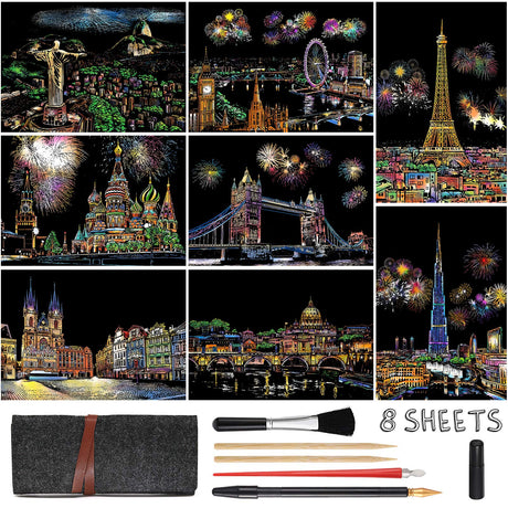 Scratch Art Painting Kits for Adults & Kids, Rainbow Painting Sketch Night View Scratchboard(A4), Crafts Set: 8 Sheets Scratch Cards with 6 tools in Bag - Creative Craft Art Set (Landmark Building) ASDICOXB