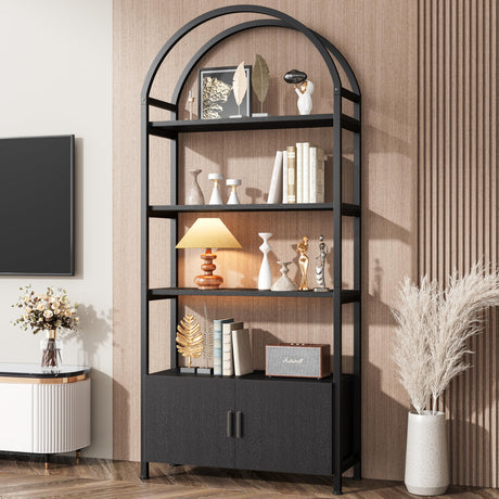 Semoic Arched Bookshelf with Drawers, 71" Tall Industrial Bookcase with Sturdy Metal Frame, Freestanding Display Shelving Unit, Geometric Book Shelf for Lving Room, Home Office, Black Semoic