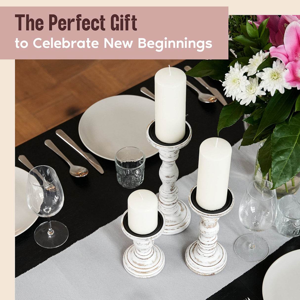 Large Candle Holders for Pillar Candles - Rustic Farmhouse Style Home Decor - Perfect for Table Centerpieces, Coffee Table or Fireplace Mantel - 3 Piece Set - White Luxe Designs