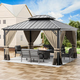 RTDTD 12’x14’ Hardtop Gazebo Outdoor Aluminum Frame Permanent Gazebo Galvanized Steel Double Roof Pergola with Nettings and Curtains for Patio, Lawns,Backyard, Deck(Brown) RTDTD