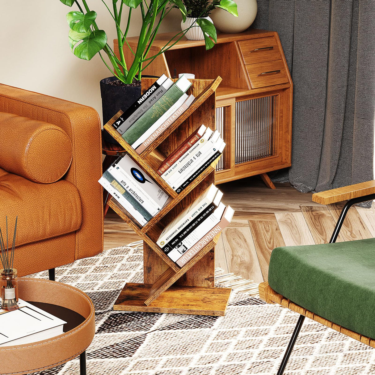 YMYNY Tree Bookshelf, 4-Tier Book Storage Organizer Shelves,Rustic Brown, HBC014H YMYNY