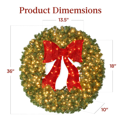 Best Choice Products 36in Large Artificial Pre-Lit Fir Christmas Wreath Holiday Accent Decoration for Door, Mantel w/Red Lighted Bow, 150 LED Lights, 300 PVC Tips, Power Plug-in