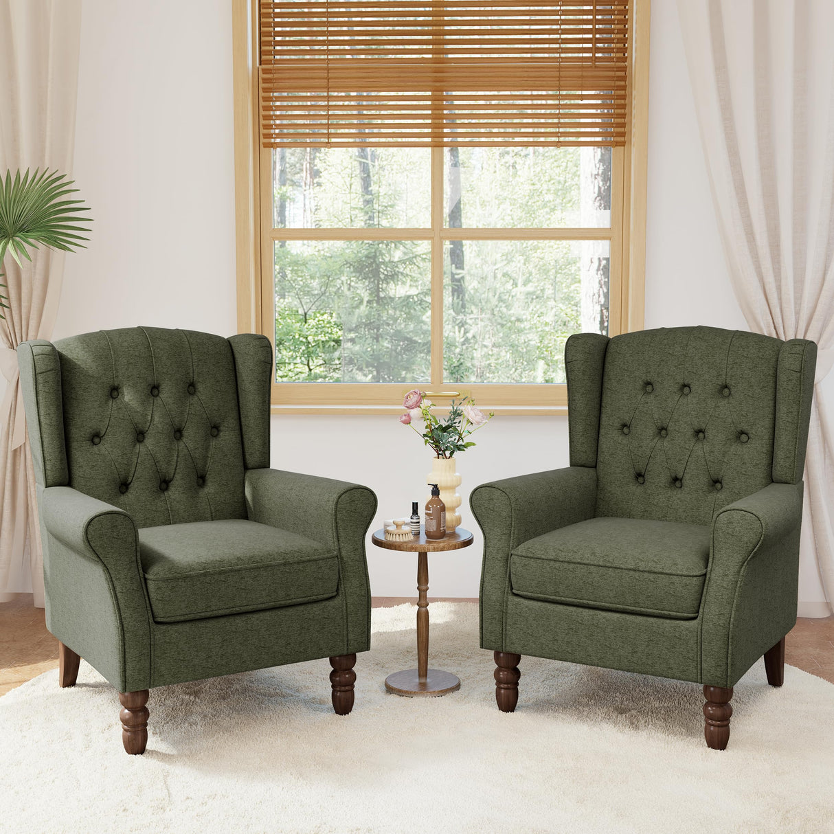 Lumibee High Back Accent Chair Set of 2,Upholstered Wingback Armchair with Solid Wood Legs for Small Spaces,Comfy Single Sofa Chair for Living Room,Bedroom,Office-Green Lumibee