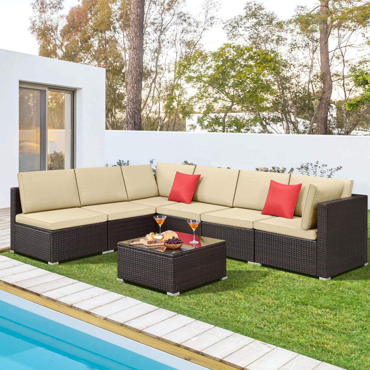 Yaheetech Patio Furniture Set, 7-Piece Outdoor/Indoor Rattan Wicker Sofa Set w/Glass-top Table & Cushions, All-weather Conversation Lounge Set for Porch/Yard/Poolside/Balcony - Brown/Khaki Yaheetech