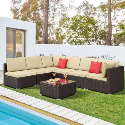 Yaheetech Patio Furniture Set, 7-Piece Outdoor/Indoor Rattan Wicker Sofa Set w/Glass-top Table & Cushions, All-weather Conversation Lounge Set for Porch/Yard/Poolside/Balcony - Brown/Khaki - WoodArtSupply