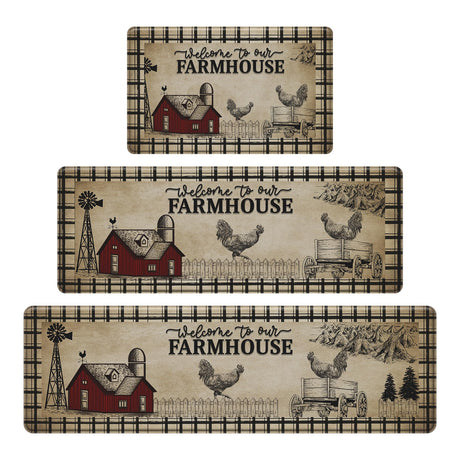 CHICNOOK PVC Farmhouse Kitchen Rugs Anti Fatigue 3 Piece, Washable Non-Skid Kitchen Mat, Farmhouse Rooster Kitchen Floor Mat, Cushioned Kitchen Floor Mats, Size 18'' x 30''+18" x 48"+18" x 60" CHICNOOK