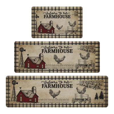 CHICNOOK PVC Farmhouse Kitchen Rugs Anti Fatigue 3 Piece, Washable Non-Skid Kitchen Mat, Farmhouse Rooster Kitchen Floor Mat, Cushioned Kitchen Floor Mats, Size 18'' x 30''+18" x 48"+18" x 60"