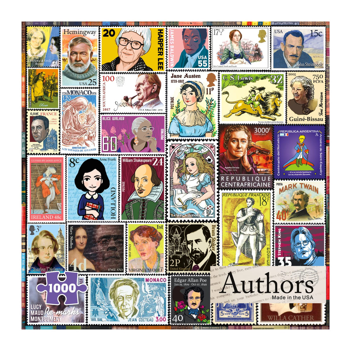 Re-marks Famous Authors Postage-Stamp Collage Puzzle, 1000 Piece Jigsaw Puzzle for All Ages Re-Marks