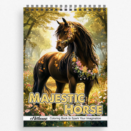 NETHOUSE Majestic Horse Spiral Coloring Book for Adult Relaxation & Stress Relief, 30 Coloring Pages of Elegant Horse Illustrations, Running Horse, Tail Art and Nature-Inspired Scenes, Detailed Mane NETHOUSE