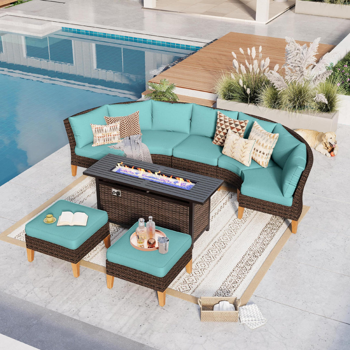 GREEN PARTY 7 Pieces Wicker Patio Furniture Set with 56" Fire Pit Table, All-Weather Outdoor Rattan Patio Half-Moon Curved Sectional Sofa Conversation Set with 4" Thick Cushions for Backyard (Blue) GREEN PARTY