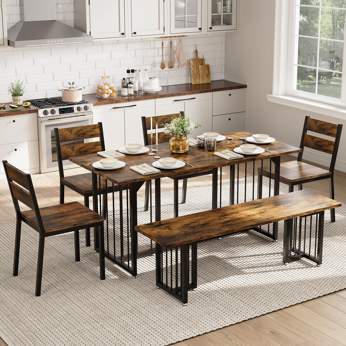 DWVO 63 Inch Dining Table Set for 6-8 People 6-Piece Large Kitchen Table Set with 2 Benches and 4 Chairs Farmhouse Rectangular Dining Room Table for Kitchen Dining Room Apartment Rustic Brown DWVO