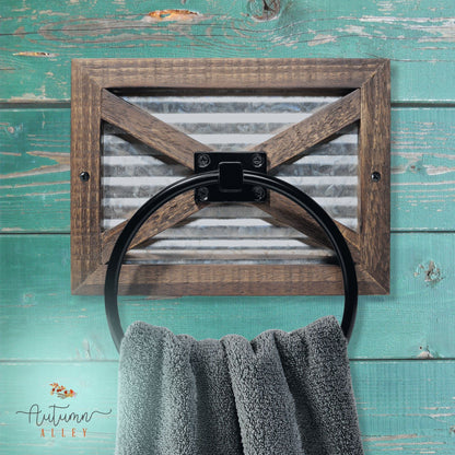 Autumn Alley Rustic Farmhouse Towel Holder for Bathroom, Rustic Hand Towel Holder, Rustic Towel Rack Holder, Wall Mounted, Western Bathroom Decor, Wood Country Decor, Galvanized Metal, Black Ring