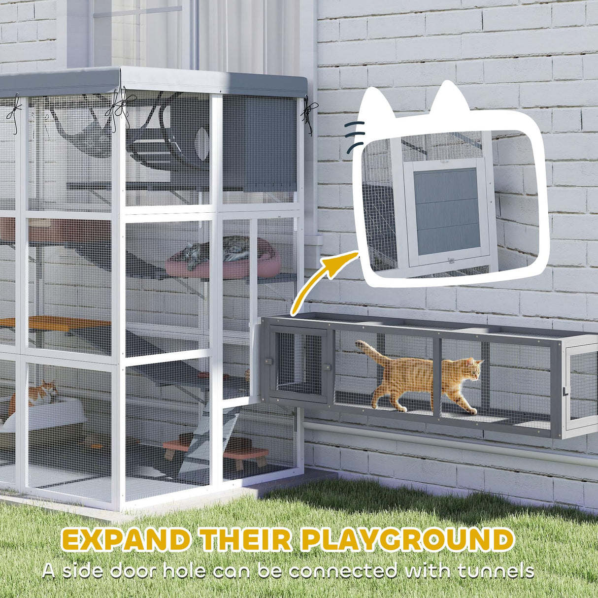 PawHut Catio Outdoor Cat Enclosure, Large Luxury Cat House Outside with Hammock, Condo, Jump Platforms, Ladders, Ramps, Tarp, Walk in Cat Cage for 2-4 Large Cats, 71" PawHut