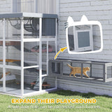 PawHut Catio Outdoor Cat Enclosure, Large Luxury Cat House Outside with Hammock, Condo, Jump Platforms, Ladders, Ramps, Tarp, Walk in Cat Cage for 2-4 Large Cats, 71" PawHut