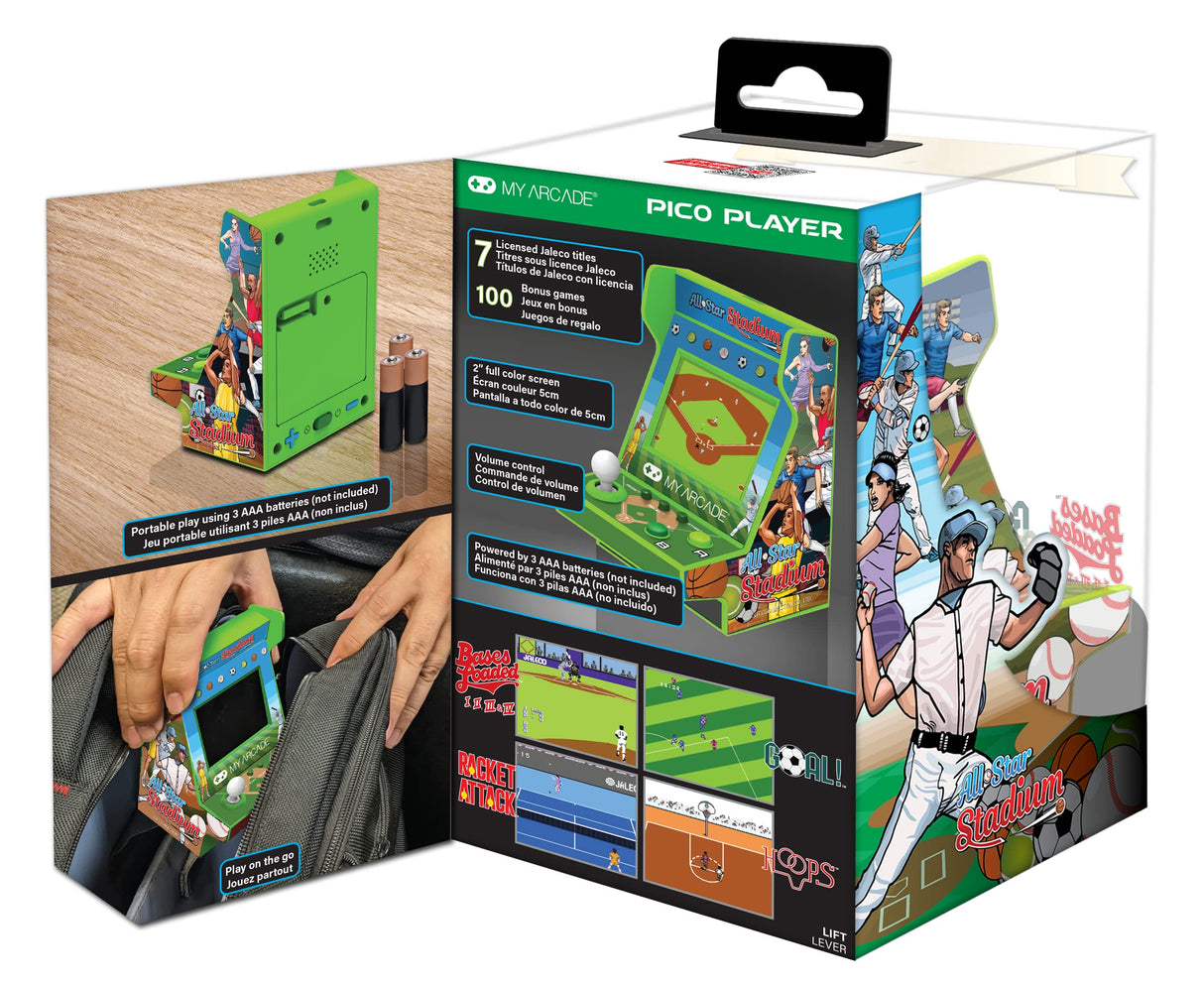 My Arcade All Star Stadium Pico Player- Fully Playable Portable Tiny Arcade Machine with 107 Retro Games, Toys for Kids, 2" Screen, Green, Small (DGUNL-4120) My Arcade