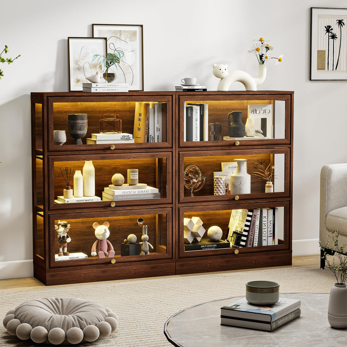 Boniture Display Cabinet with Acrylic Glass Doors,3-Tiers Curio Cabinet with LED Lighting for Collectibles, Collectibles Toy Organizers Rack & Display Shelf Display Case Storage Cabinet,Walnut BONITURE