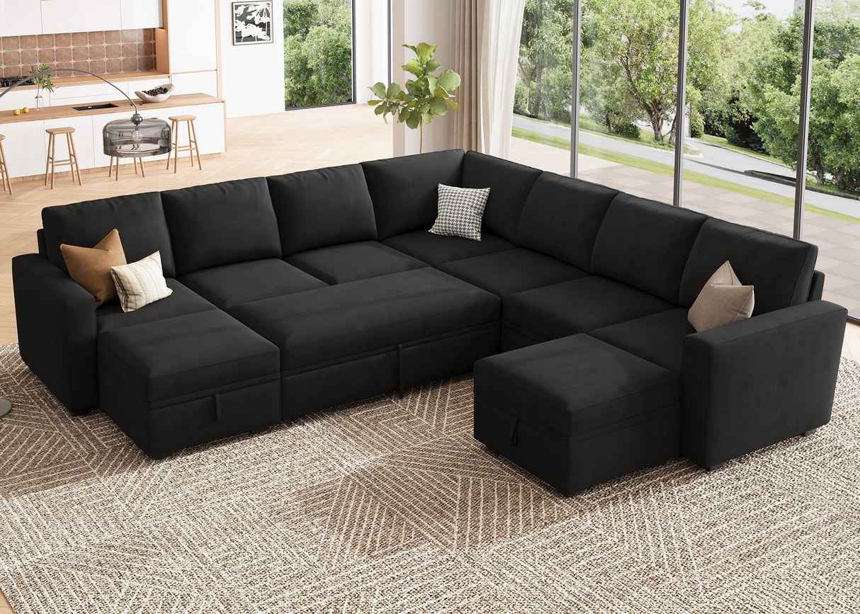 HONBAY Modular Sectional Sleeper Sofa with Pull Out Couch, Oversized U Shaped Sleeper Pull Out Bed with Storage Sectional Couches for Living Room - Black HONBAY