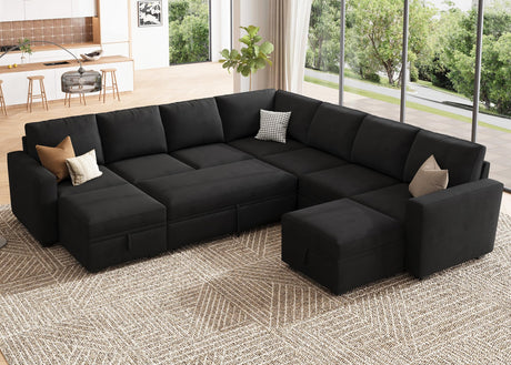 HONBAY Modular Sectional Sleeper Sofa with Pull Out Couch, Oversized U Shaped Sleeper Pull Out Bed with Storage Sectional Couches for Living Room - Black HONBAY