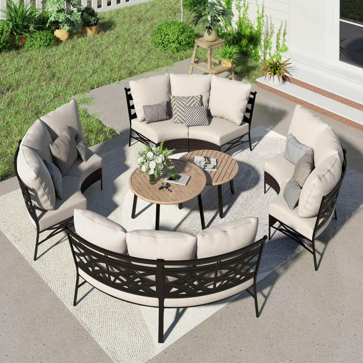 Sophia & William Half-Moon Patio Furniture Set, Curved Outdoor Sofa for 8 with Coffee Table, Wicker Sectional Sofa Outdoor Conversation Sets,Beige Sophia & William