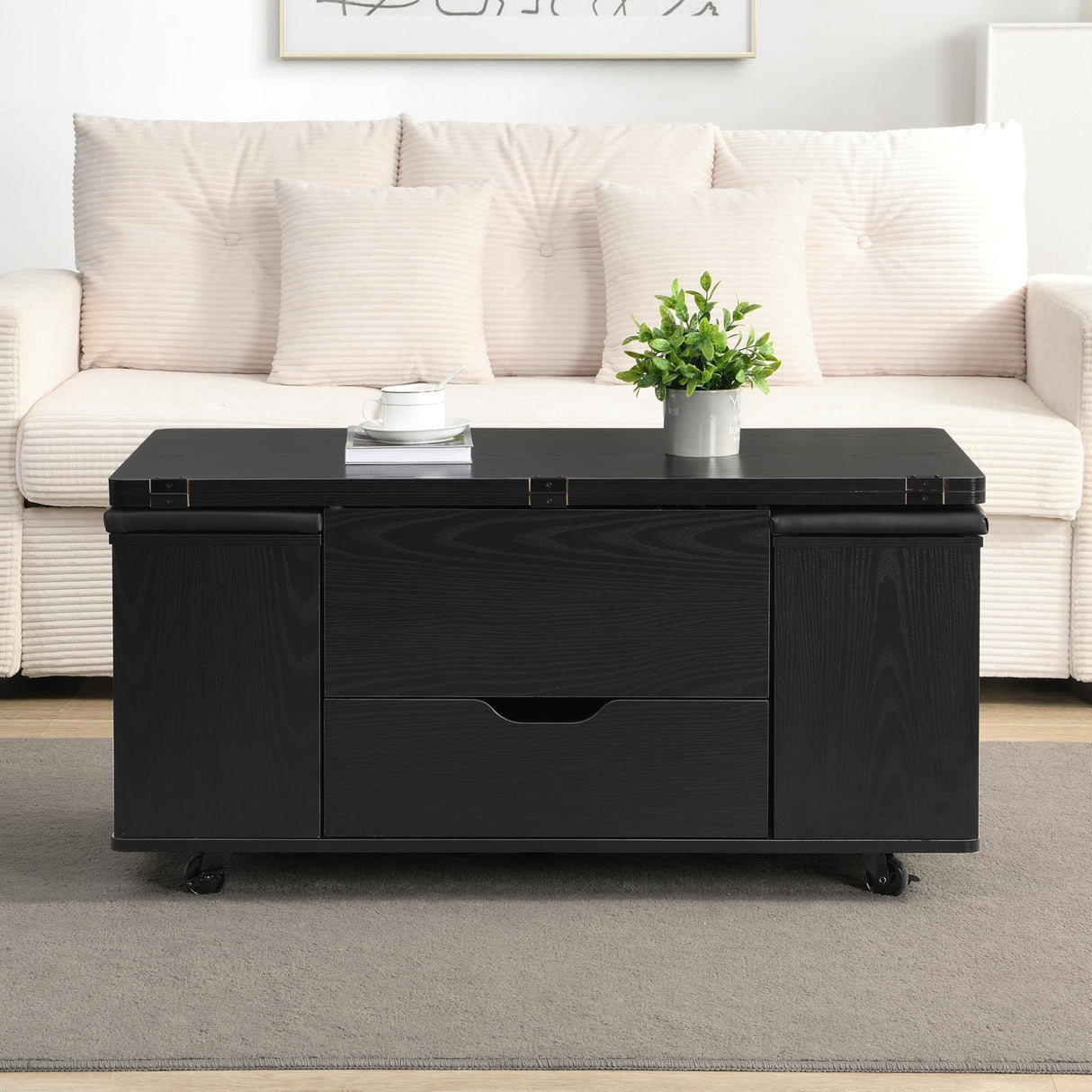 Christopher Knight Home Lucid Wooden Lift Top Coffee Table with Hidden Storage and 4 Stools, Center Table for Living Room with Compartment/Drawer, Multifunctional Table with Casters, Black Christopher Knight Home
