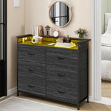 Welfuturer Black Dresser for Bedroom with LED Light & Charging Station Dresser with 6 Drawers Storage Tower for Closet Living Room Hallway Entryway Sturdy Steel Frame Double Wooden Tabletop Welfuturer