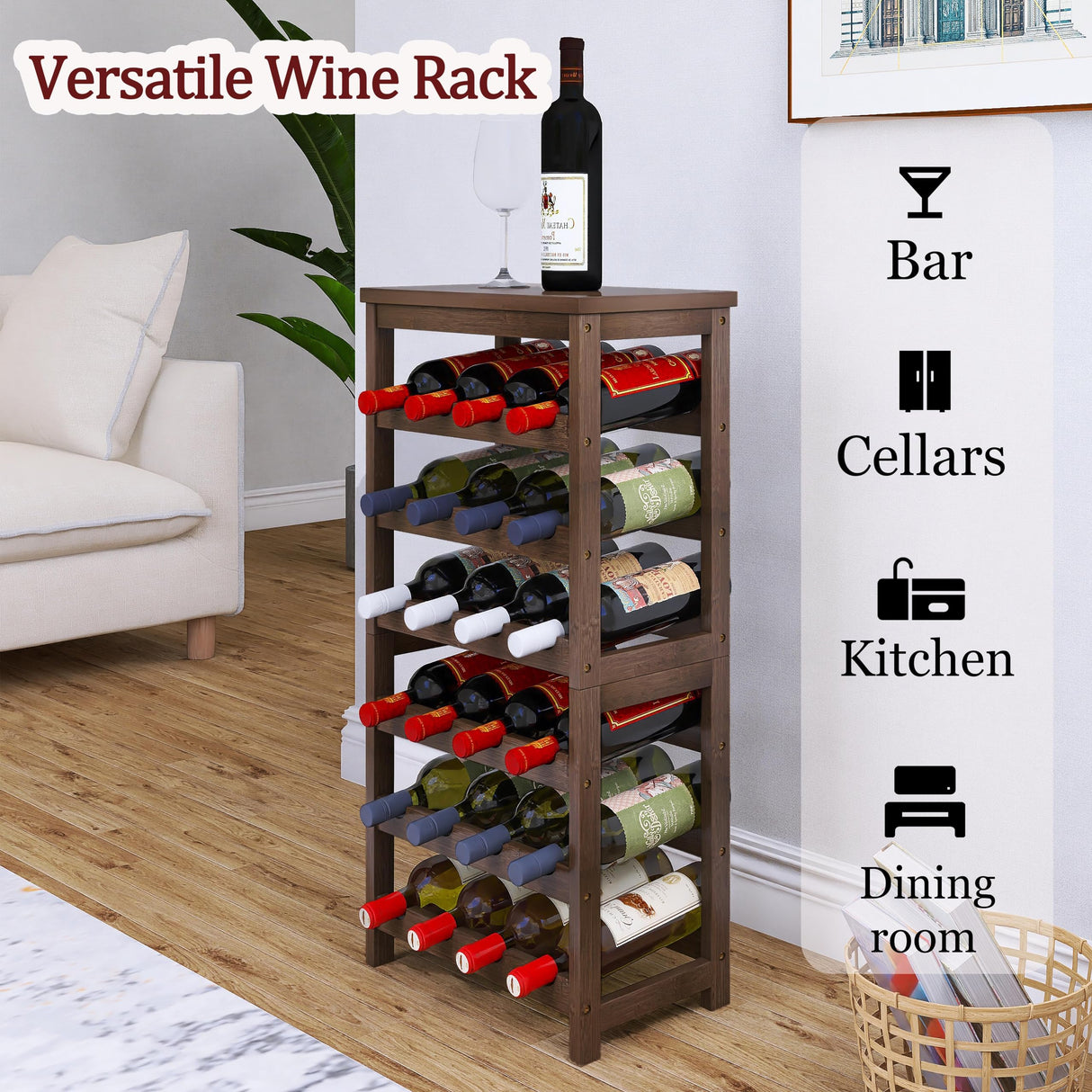 STELLSTAR 24-Bottle Wine Rack, 6 Tier Bamboo Wine Display Storage Shelves with Tabletop, Floor Freestanding Wine Bottle Holder with Wobble-Free Shelves, Walnut STELLSTAR