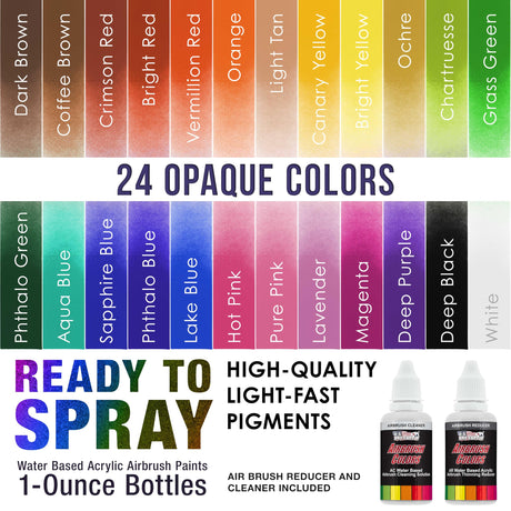 U.S. Art Supply 24 Color Acrylic Airbrush, Leather & Shoe Paint Set Opaque Colors plus Reducer, Cleaner & Color Mixing Wheel U.S. Art Supply