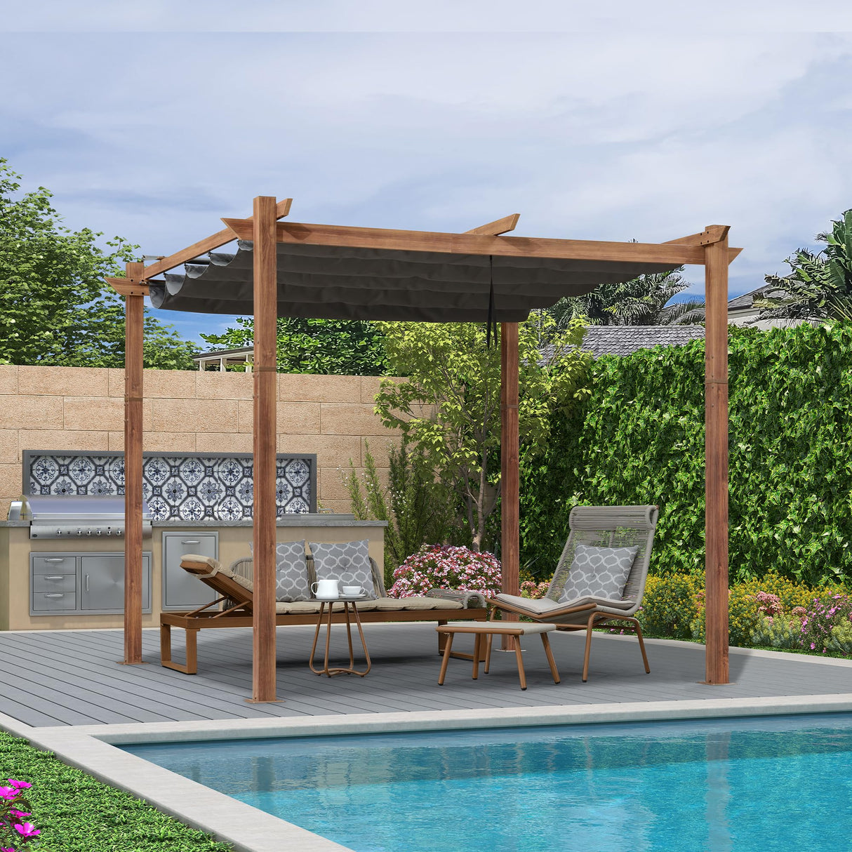 PURPLE LEAF 10' x 10' Outdoor Retractable Pergola with Sun Shade Canopy Patio Metal Shelter for Garden Porch Pavilion Natural Wood Grain Frame Aluminum Gazebo Modern Backyard Grill Pergola Gray PURPLE LEAF