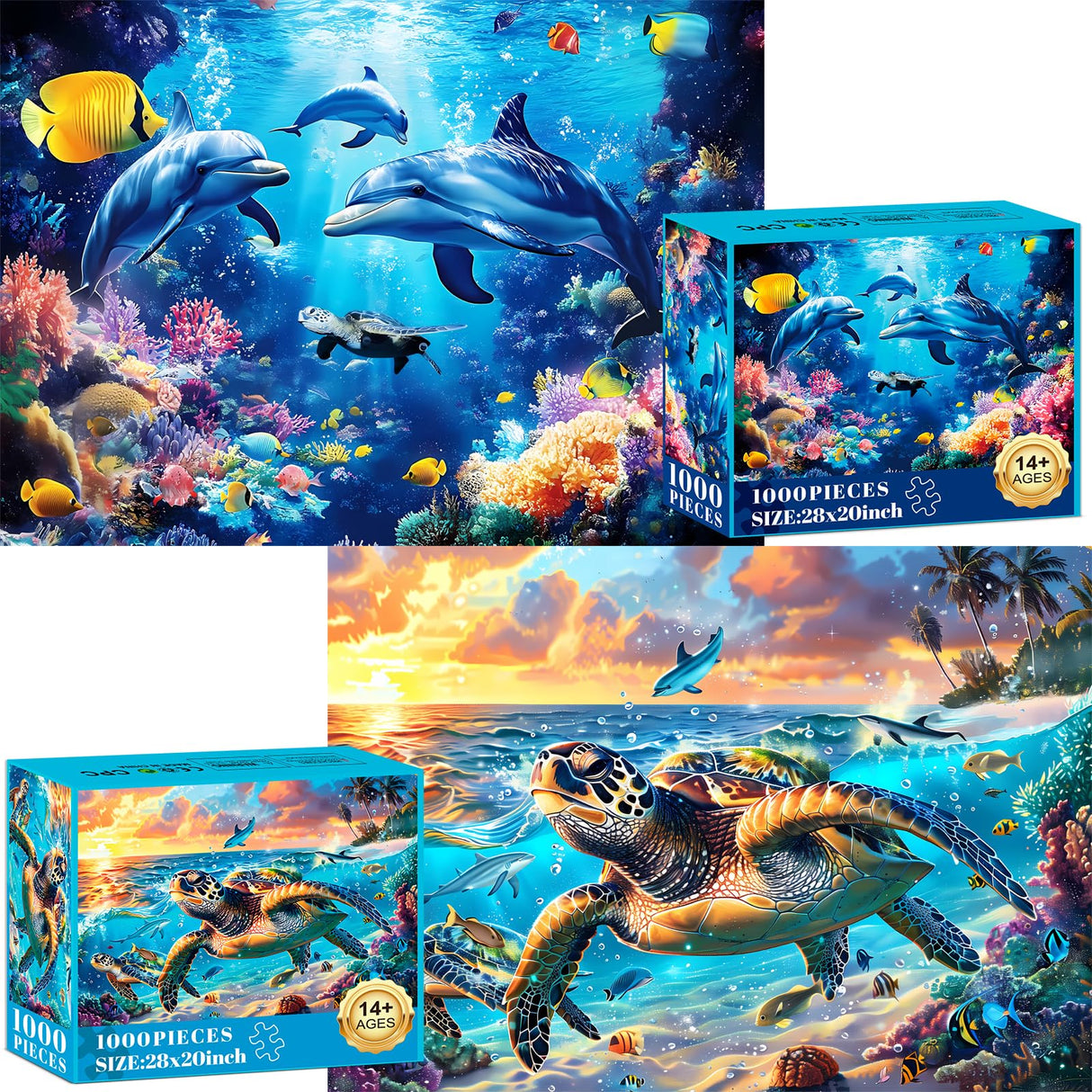 2 Pack Puzzles for Adults 1000 Pieces-Sea Turtle & Dolphins Difficult Jigsaw Puzzles for Adults,Hard Jigsaw Puzzle Decorations DIY Leisure Game Toy Suitable Family Friends(27.5x20 inches) mjyphdm