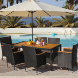 Greesum 7 Pieces Outdoor Patio Dining Set, Conversation Sets with 1 Table and 6 Rattan Chairs with Curved Acacia Wooden Armrests and Cushions, Black Greesum