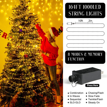 Areker 1000LED 164FT, Christmas Lights Outdoor Warm White,Christmas Tree Lights Indoor, IP65 Waterproof with 8 Modes, Xmas Rope Lights for Indoor Holiday Decorations