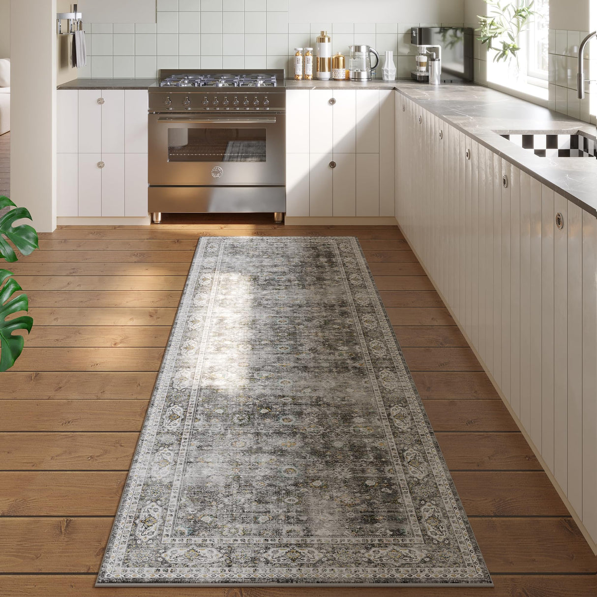 Runner Rug Hallway Runner Rug Washable Kitchen Runner Rugs with Rubber Backing 2'6''x8' 100% Polyester Vintage Rug for Entryway Indoor, Kitchen, Laundry, Bedroom (Grey and Brown) Rugcomf