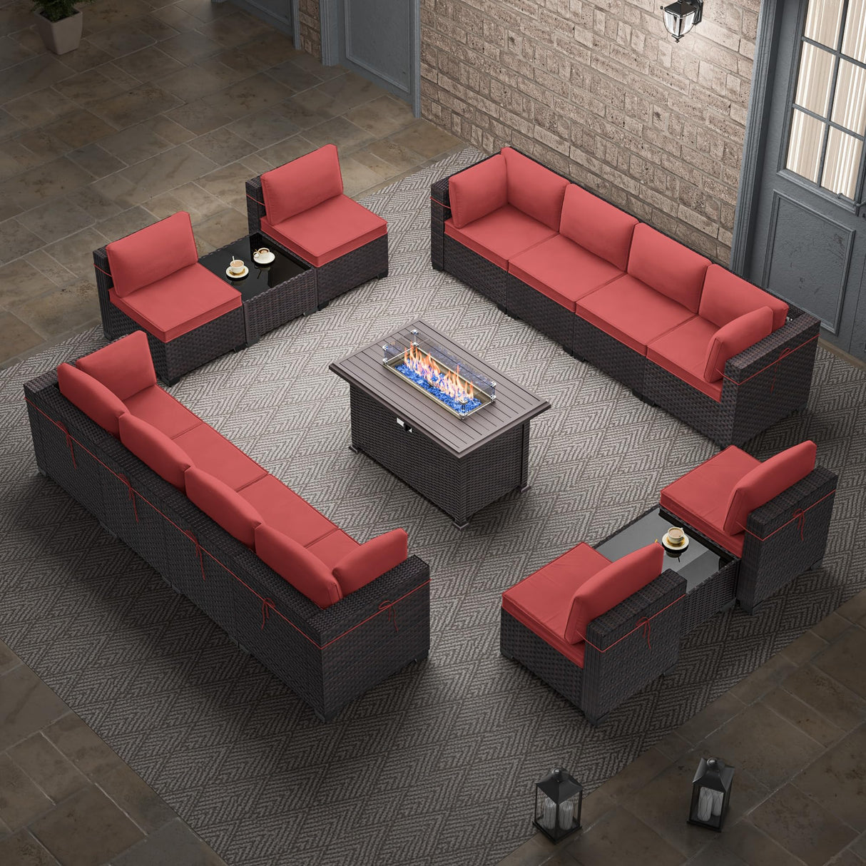 RTDTD Outdoor Patio Furniture Set with Propane Fire Pit Table, 15 Pieces Outdoor Furniture Patio Sectional Sofa Conversation Sets w/ETL Approved 43" Gas Outdoor Fire Table & Coffee Table(Red) RTDTD