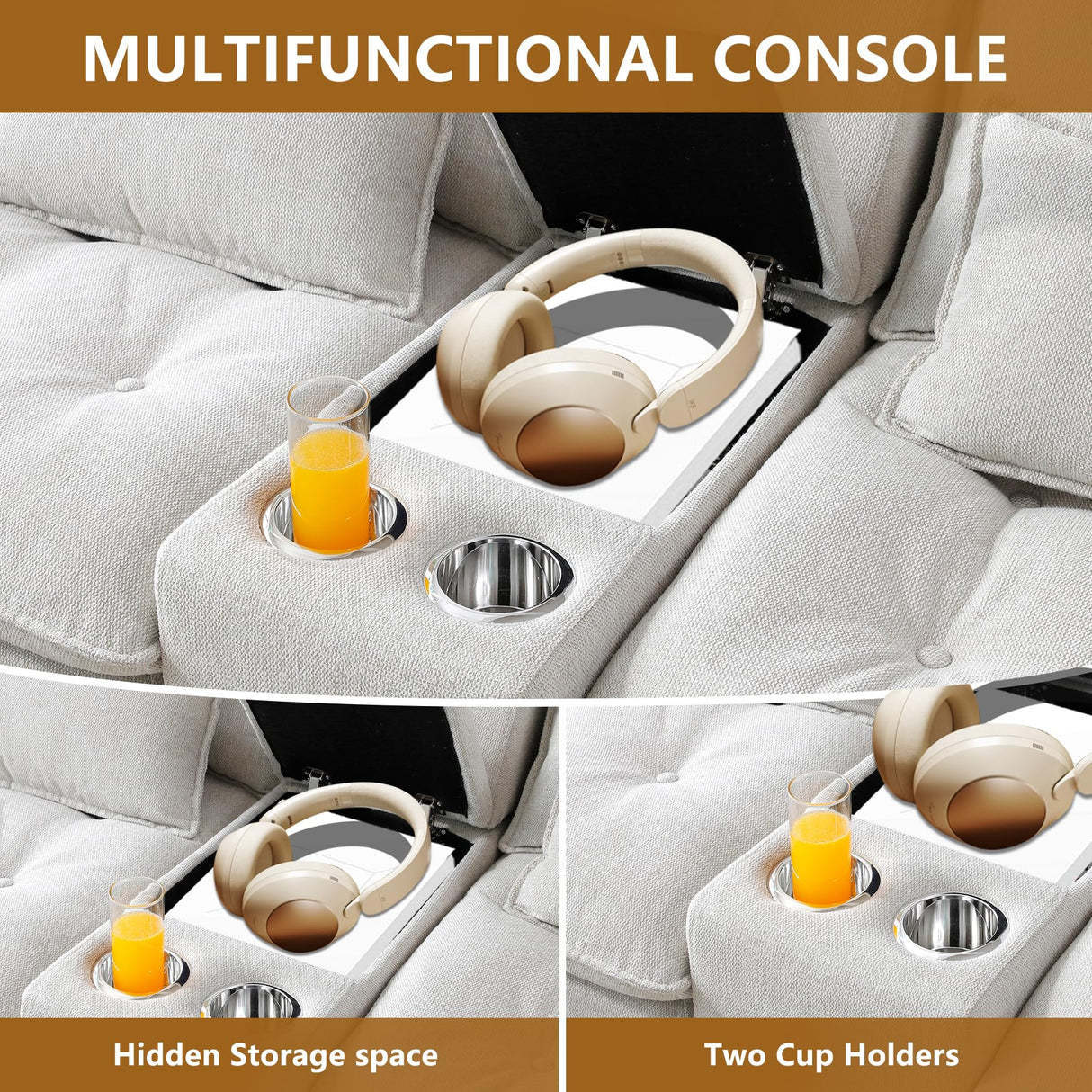 HYJT-H&K 130" U Shaped Comfy Fluffy Cloud Sectional Couches for Living Room, Oversized Modular Sectional Sofa with Chaise Lounge & Tufted Buttons, Modern Linen 6 Seater Sofa Set with Console Beige HYJT-H&K