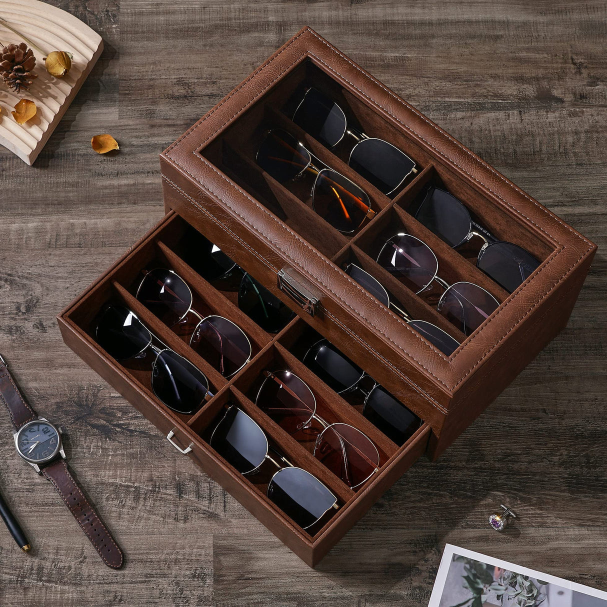 BEWISHOME Sunglasses Organizer, 12 Slots Sunglasses Case for Women Men, Eyeglasses Eyewear Display Case with Clear Glass Top, Faux Leather,Brown SSH48Z BEWISHOME