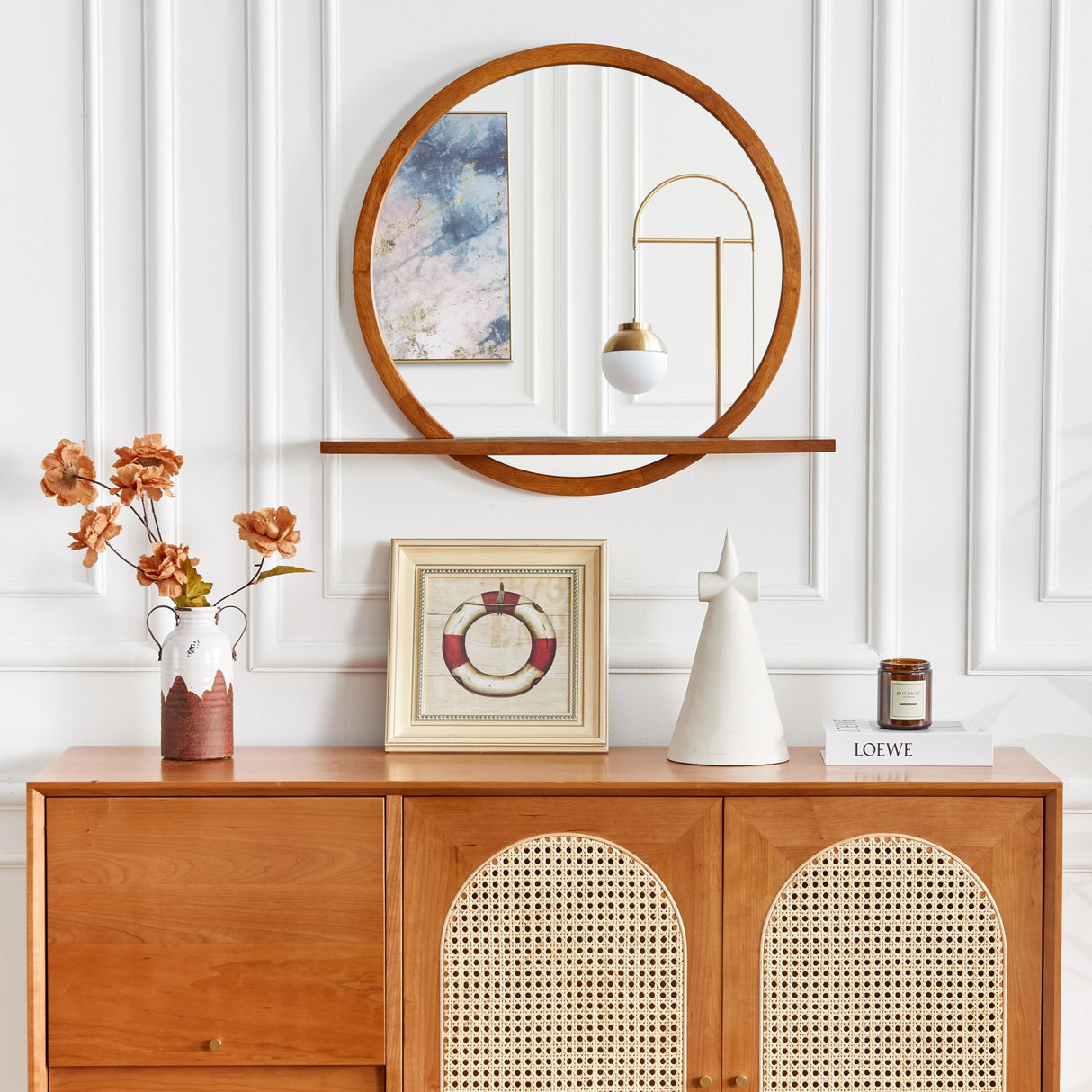 AGATEO Solid Wood Wall Mirror with Shelf – Round Wood Frame Mirror for Entryway, Bathroom or Living Room – Handcrafted Look – 24 Inch AGATEO