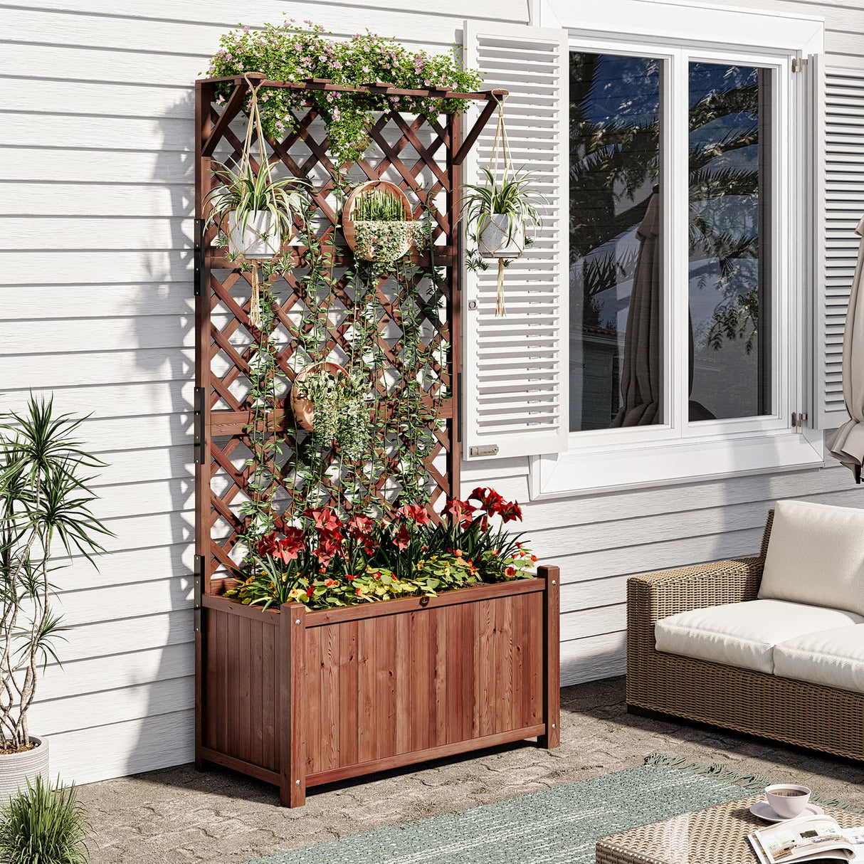 Amerlife 35.4x17.7x72 Inch Raised Garden Bed with Trellis, Wooden Planter Box for Vegetables and Climbing Plants with Drainage Holes Amerlife