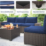 GAOMON 6 Pieces Outdoor Patio Furniture Set, Wicker Patio Conversation Set Sectional Sofa, Brown Patio Sofa with 5 Navy Blue Seat Cushions and 1 Glass Coffee Table GAOMON