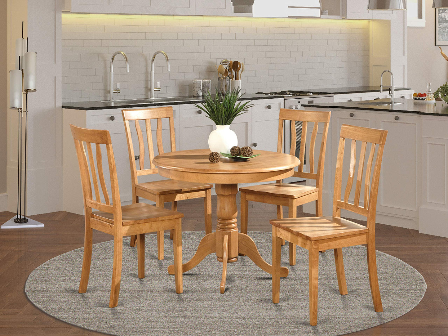 East West Furniture Antique 5 Piece Room Set Includes a Round Wooden Table with Pedestal and 4 Kitchen Dining Chairs, 36x36 Inch, ANTI5-OAK-W - WoodArtSupply