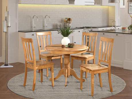 East West Furniture Antique 5 Piece Room Set Includes a Round Wooden Table with Pedestal and 4 Kitchen Dining Chairs, 36x36 Inch, ANTI5-OAK-W East West Furniture