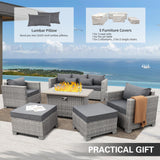 WAROOM Patio Furniture Set 6 Piece Grey Wicker Outdoor Furniture Patio Sectional Sofa Couch PE Rattan Conversation Sets with Fire Pit Table, Grey cushion WAROOM
