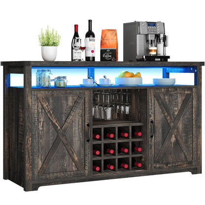 YITAHOME Bar Cabinet with LED Lights, 55" Farmhouse Buffet Coffee Bar Cabinet with Storage, Wine Liquor Cabinet with Adjustable Shelves for Kitchen, Living Room, Dark Rustic Oak