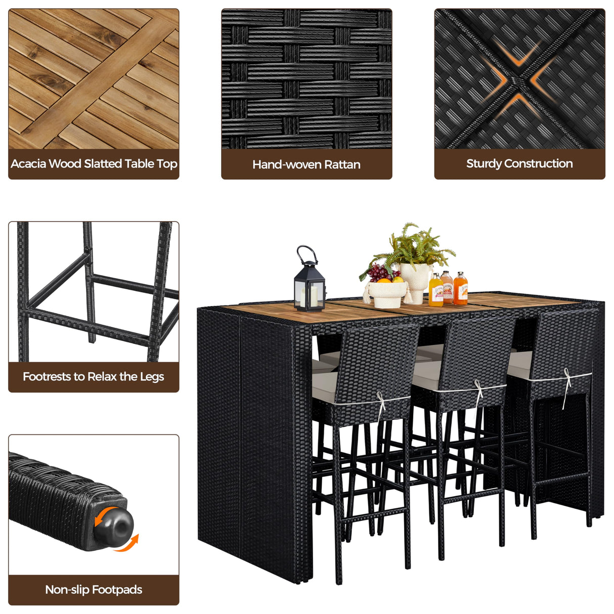 Yaheetech 7 Piece Patio Dining Set Outdoor Acacia Wood Bar Table and Chairs with Removable Cushions, Wicker Furniture Set for Deck, Backyard, Garden, Black/Beige Yaheetech