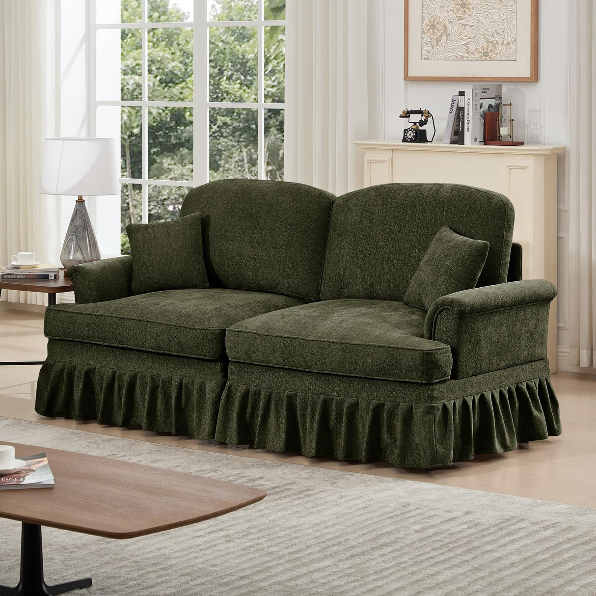 HMHKHN 76" Chenille Loveseat Sofa for Living Room, Traditional Style Sofa with Detachable Ruffled Skirt, Flared Arms, Spindle Legs, Love Seat Couches for Apartment (Green) HMHKHN