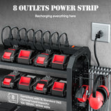 Power Tool Organizer with Charging Station Wall Mount, Built in 8 Outlet Surge Protection Power Strip, Drill Holder Wall Mount, Heavy Duty Metal Power Tool Storage Rack for Garage Organization Black Nacial