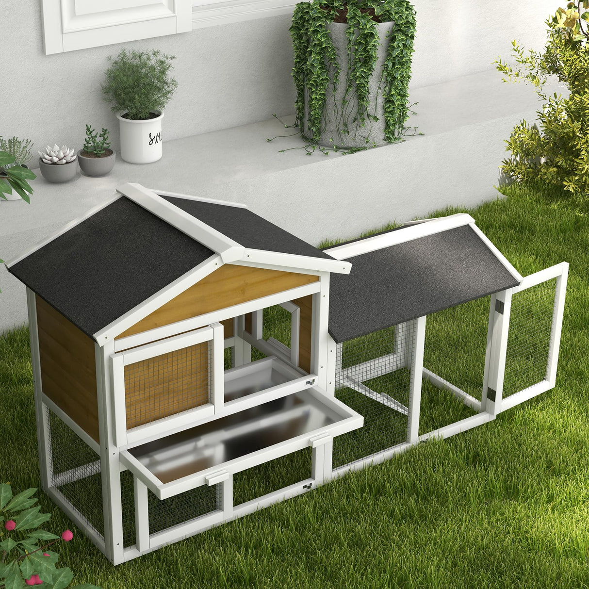 PawHut 58" Rabbit Hutch, Wooden Bunny Hutch, Guinea Pig Cage, Small Animal Enclosure with Run Area, Removable Tray, Asphalt Roof, Lockable Doors and Ramp, Nature Wood PawHut